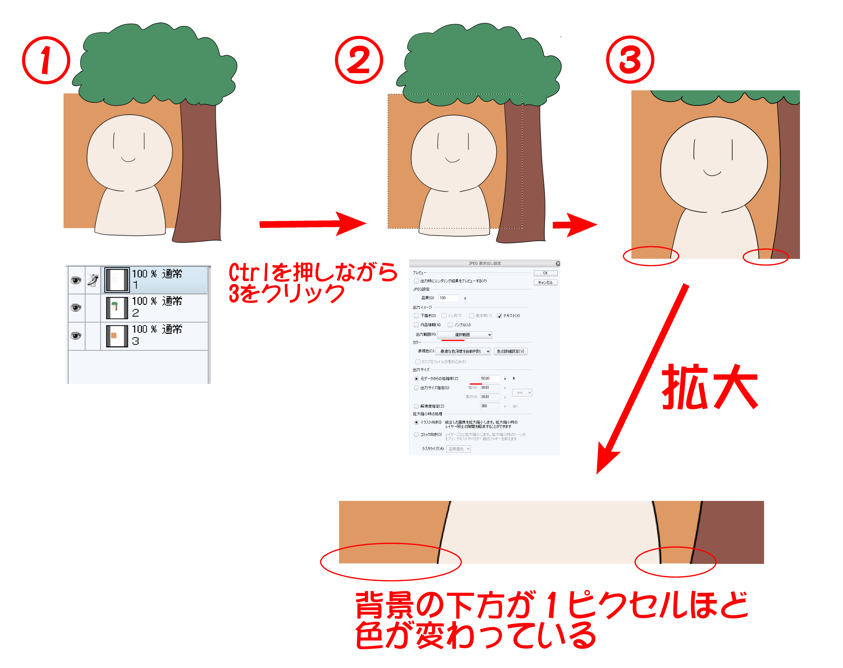 出力範囲を選択範囲にして拡大率を変更すると上下左右のどこかが１ピクセルほど色が変わる Clip Studio Paintの要望 不具合ボード Clip Studio